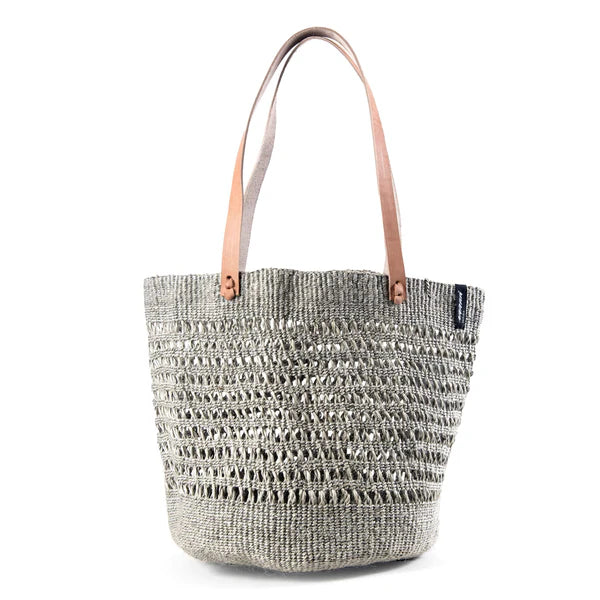 ACCESSOIRE Panier anses longues cuir Kenya Gris en Sisal M