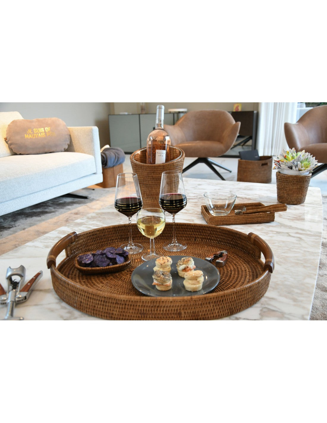 A TABLE Plateau ovale anses en bois Sultan miel en rotin