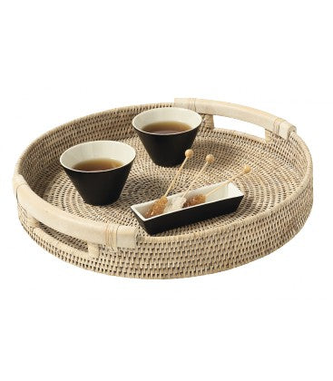 A TABLE Plateau rond poignées bois Blanc en rotin
