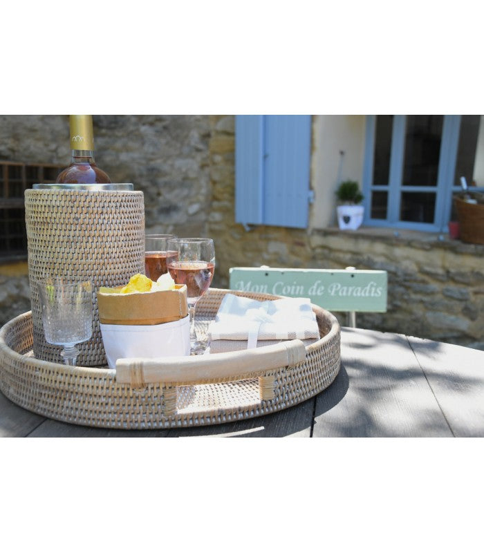 A TABLE Plateau rond poignées bois Blanc en rotin