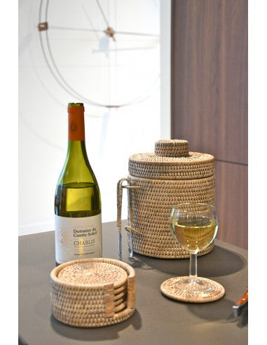 Seau à glaçons et pince cérusé en rotin