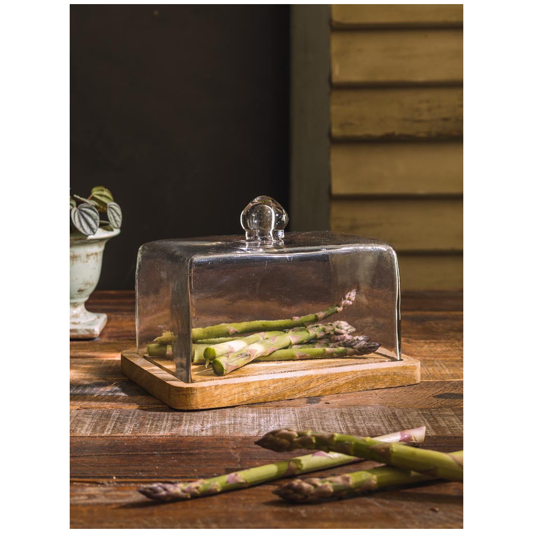 A TABLE Plateau rectangulaire et cloche en verre
