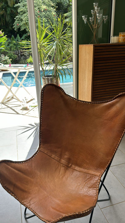 AMEUBLEMENT Chaise lounge cuir-métal cognac