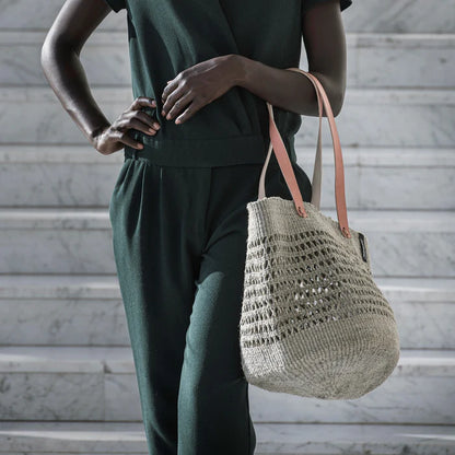 ACCESSOIRE Panier anses longues cuir Kenya Gris en Sisal M
