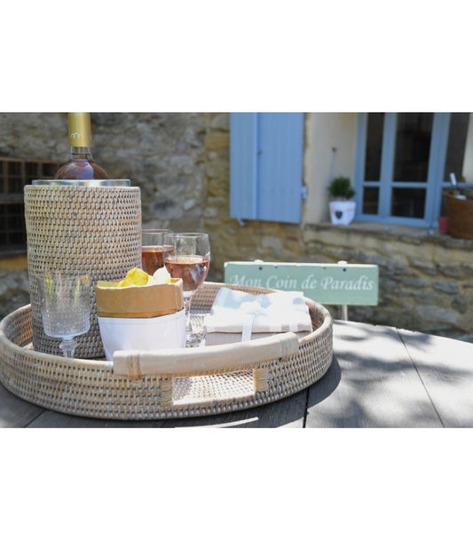 A TABLE Plateau rond poignées bois Blanc en rotin