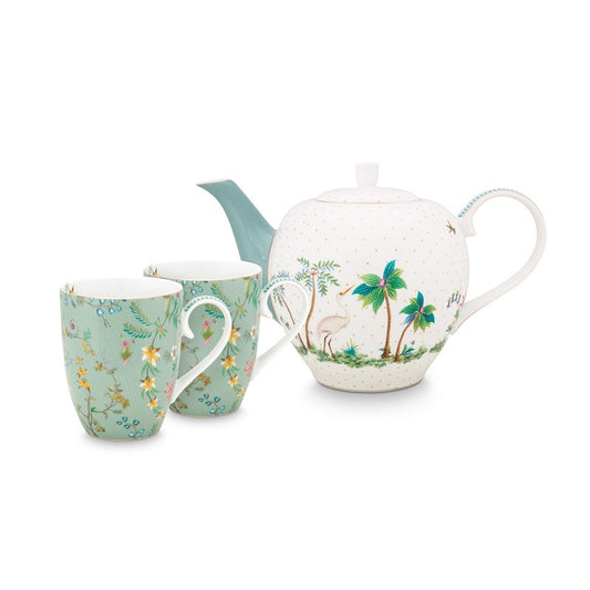 A TABLE Coffret service à thé 2 grands mugs Jolie Fleur Bleu et sa Théière en porcelaine