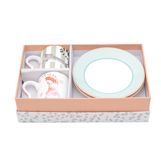 A TABLE Coffret 2 Tasses café Guépard et Perroquet en porcelaine